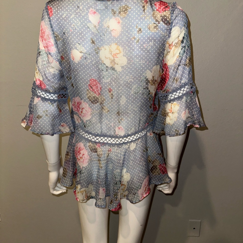 $495 ZIMMERMANN blue floral polka dot sheer peplum silk blouse top US 4 AUS 0 - Picture 5 of 7